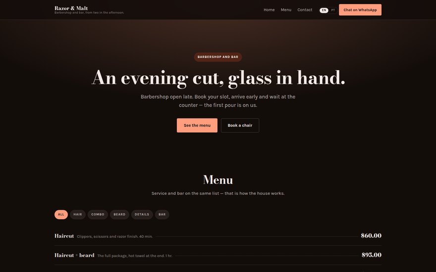 Barbearia com bar — corte à noite